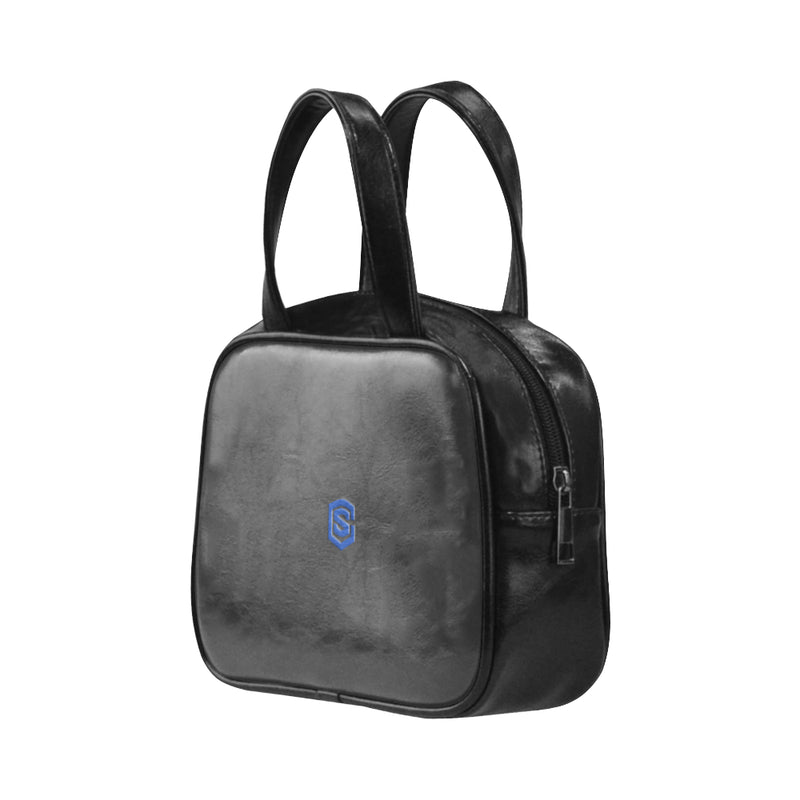 BLACK LEATHER TOP HANDLE HANDBAG  blue logo Leather Top Handle Handbag (Model 1662)