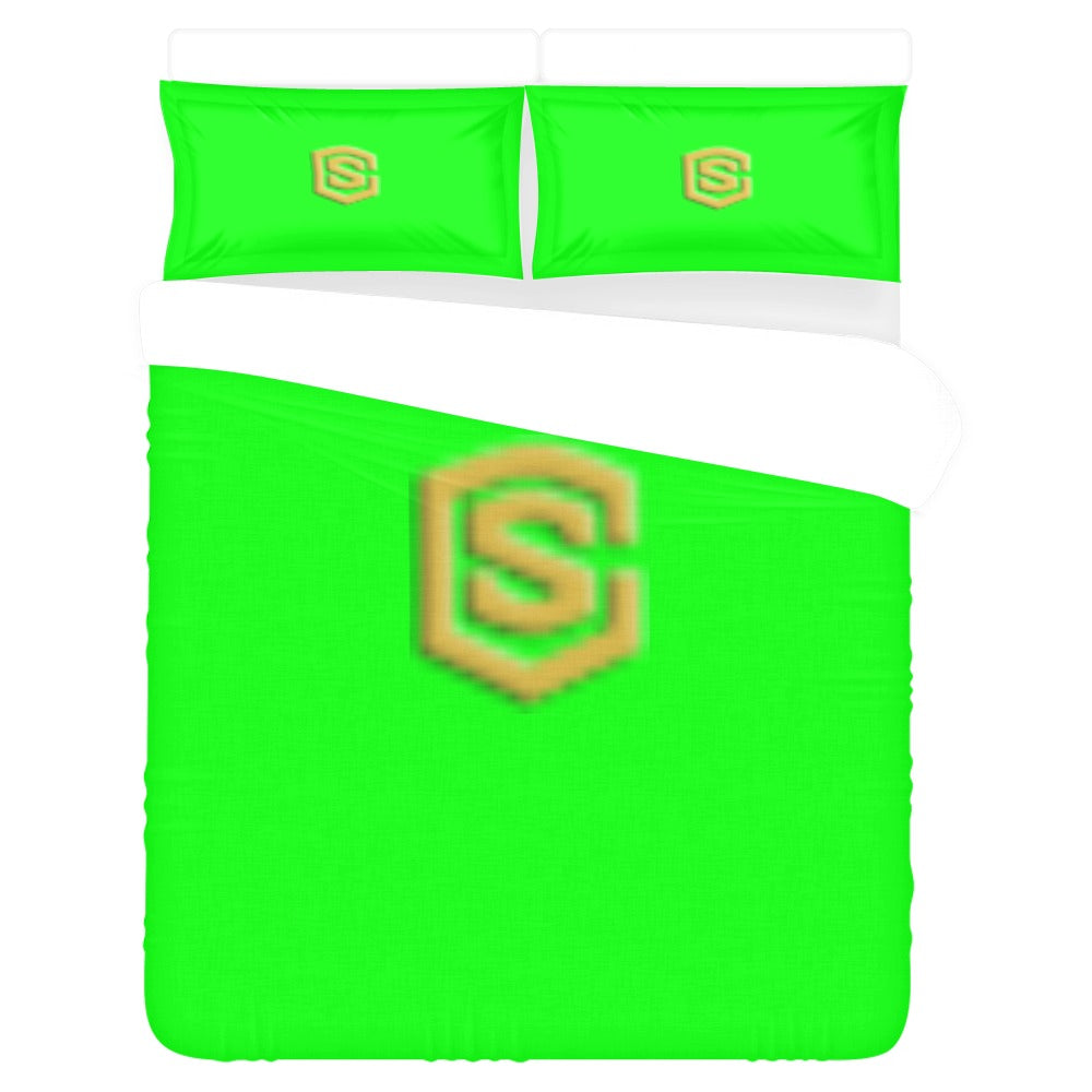 Green 3-Piece Bedding Set (1 Duvet Cover 86"x70"; 2 Pillowcases 20"x30")(One Side) wtih Gold Logo 3-Piece Bedding Set (1 Duvet Cover 86"x70"; 2 Pillowcases 20"x30")(One Side)
