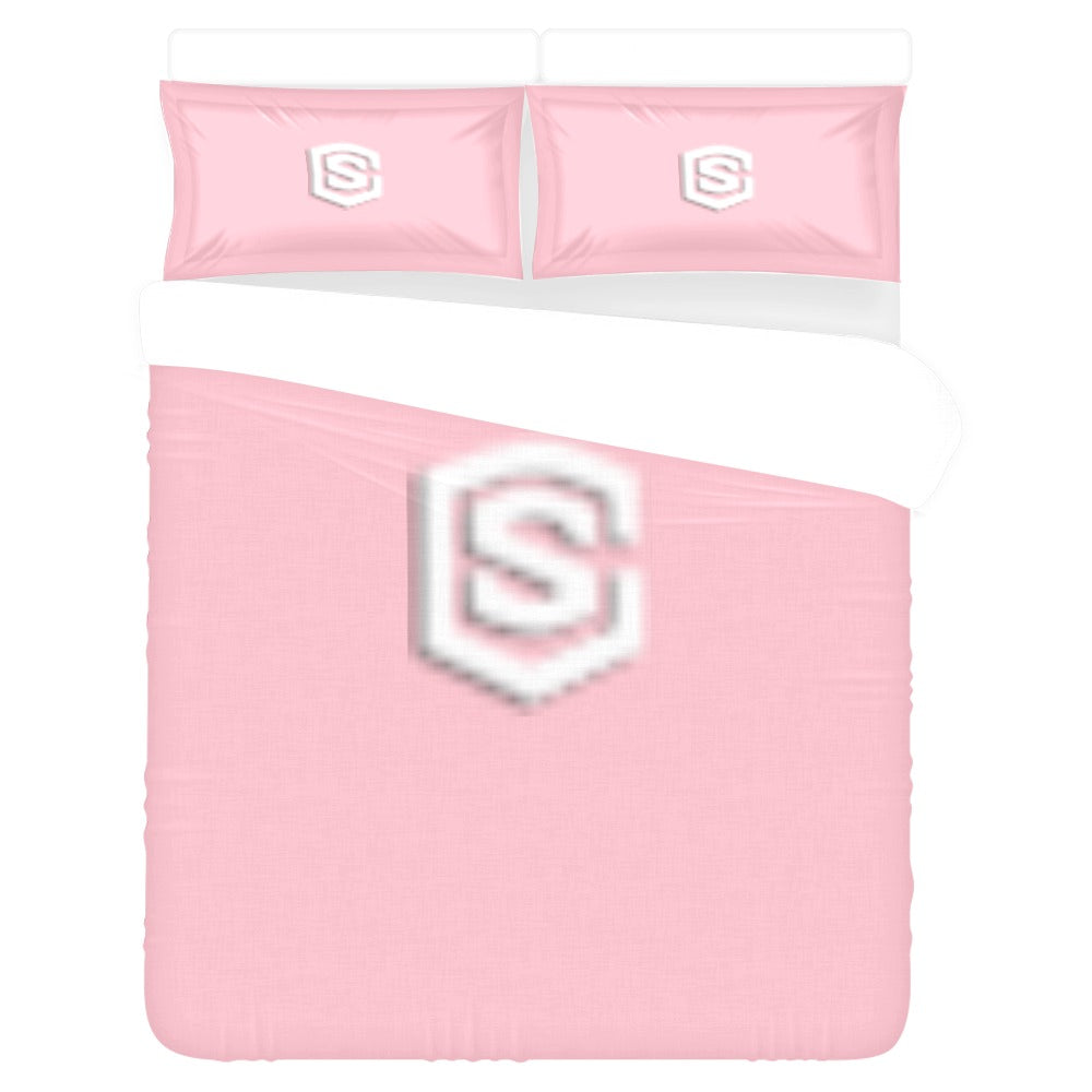 Pink 3-Piece Bedding Set (1 Duvet Cover 86"x70"; 2 Pillowcases 20"x30")(One Side) wtih White Logo 3-Piece Bedding Set (1 Duvet Cover 86"x70"; 2 Pillowcases 20"x30")(One Side)
