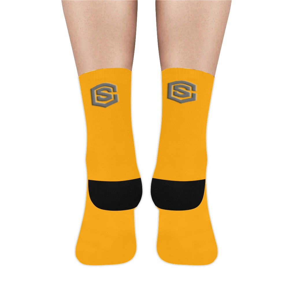 Orange Sublimated Crew Socks (Made In USA) with Gray Logo Sublimated Crew Socks (Made In USA)