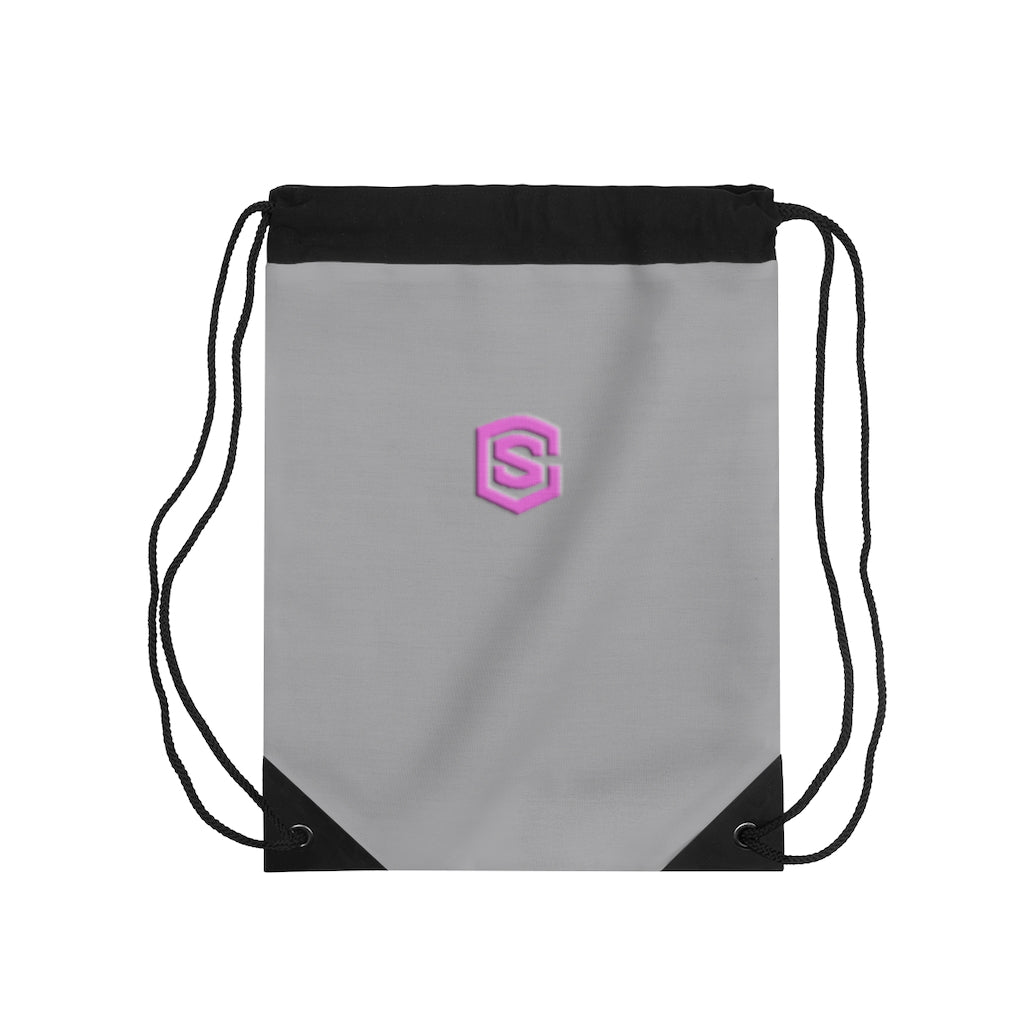 Grey Drawstring Bag Pink logo