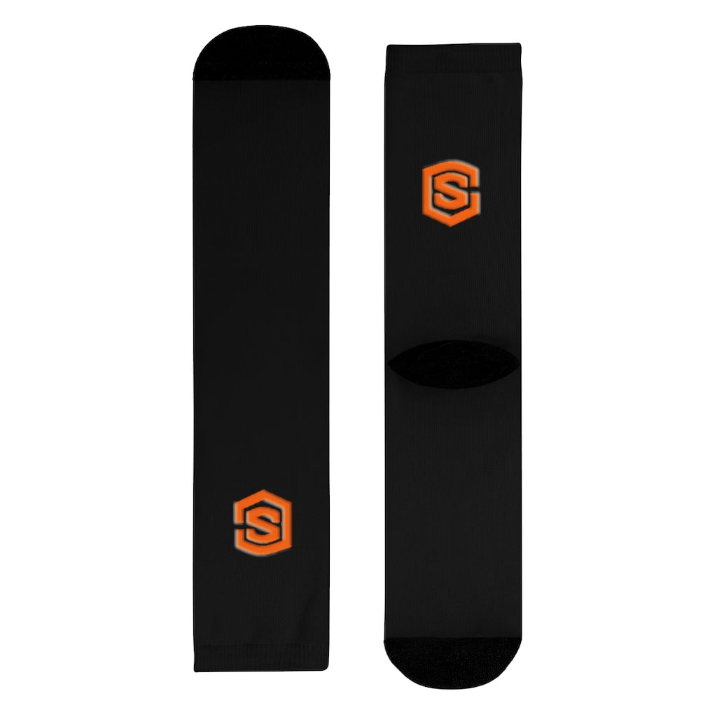 Black Sublimation Crew Socks (EU) Orange Logo