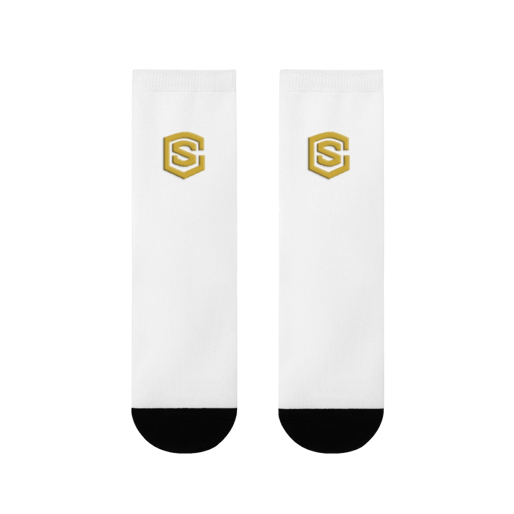 White Sublimation Crew Socks (EU) Gold Logo