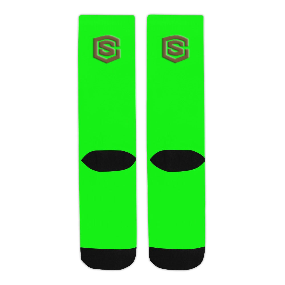Green Sublimated Crew Socks (Made In USA) with Brown Logo Sublimated Crew Socks (Made In USA)