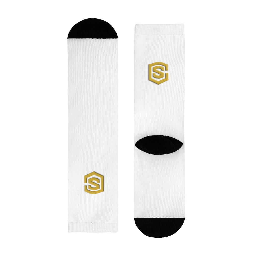 White Sublimation Crew Socks (EU) Gold Logo
