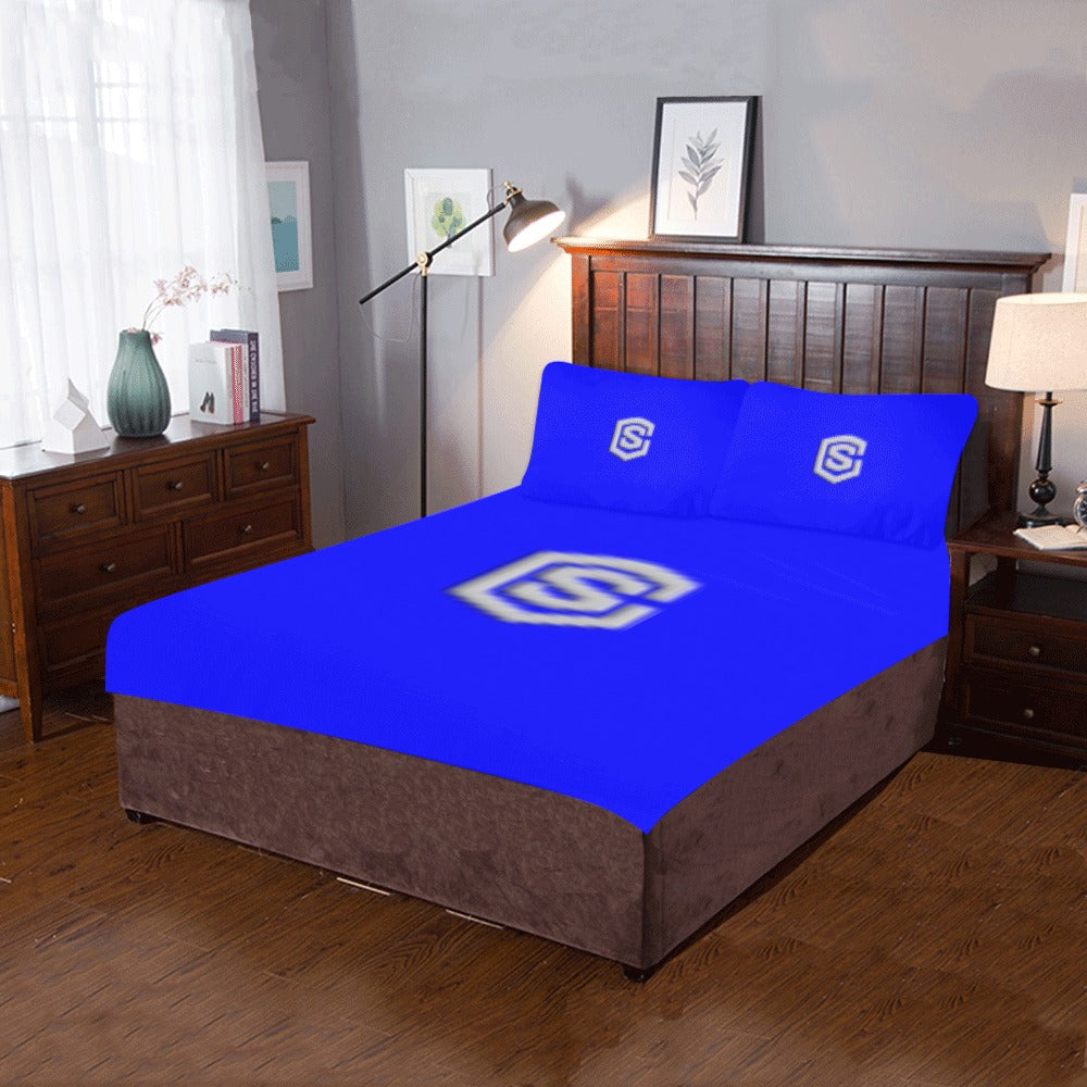 Blue 3-Piece Bedding Set (1 Duvet Cover 86"x70"; 2 Pillowcases 20"x30")(One Side) wtih Silver Logo 3-Piece Bedding Set (1 Duvet Cover 86"x70"; 2 Pillowcases 20"x30")(One Side)