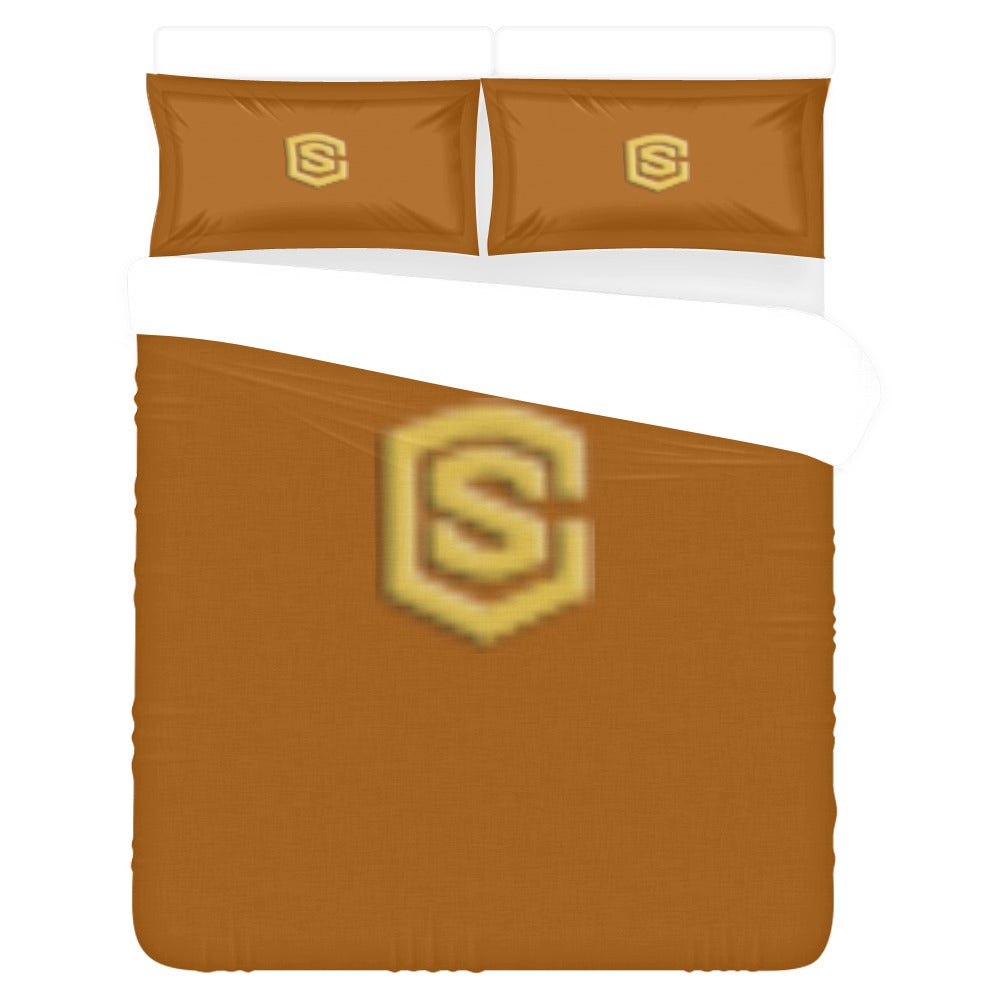 Brown 3-Piece Bedding Set (1 Duvet Cover 86"x70"; 2 Pillowcases 20"x30")(One Side) wtih Gold Logo 3-Piece Bedding Set (1 Duvet Cover 86"x70"; 2 Pillowcases 20"x30")(One Side)