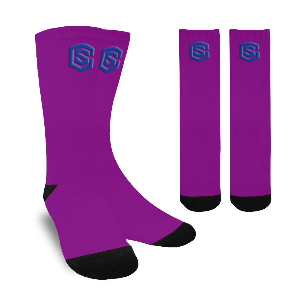 Purple Sublimated Crew Socks (Made In USA) with Blue Logo Sublimated Crew Socks (Made In USA)
