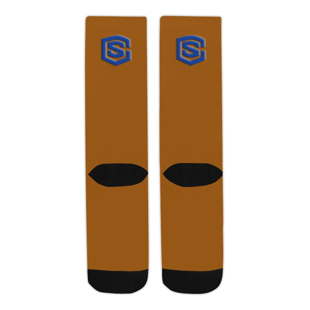 Brown Sublimated Crew Socks (Made In USA) with Blue Logo Sublimated Crew Socks (Made In USA)