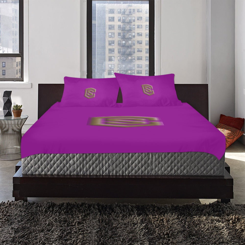 Purple 3-Piece Bedding Set (1 Duvet Cover 86"x70"; 2 Pillowcases 20"x30")(One Side) wtih Brown Logo 3-Piece Bedding Set (1 Duvet Cover 86"x70"; 2 Pillowcases 20"x30")(One Side)