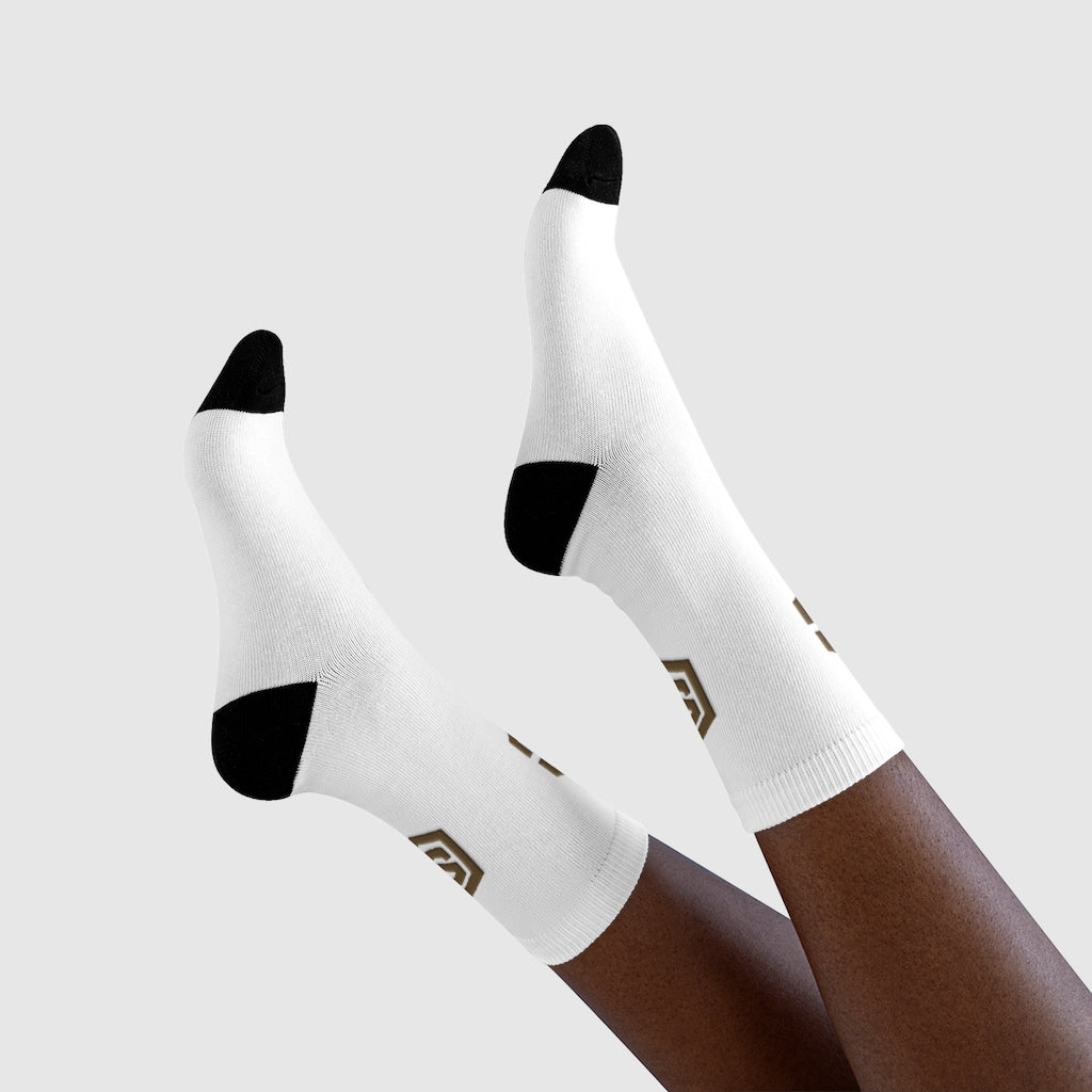 White Sublimation Crew Socks (EU) Brown Logo