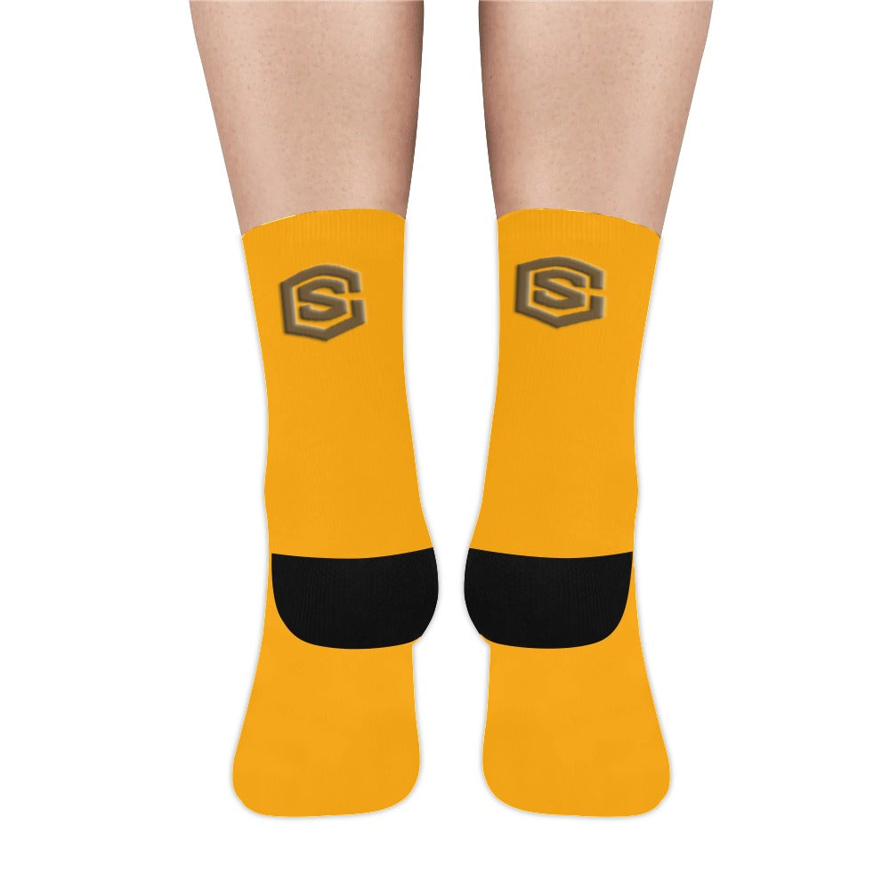 Orange Sublimated Crew Socks (Made In USA) with Brown Logo Sublimated Crew Socks (Made In USA)