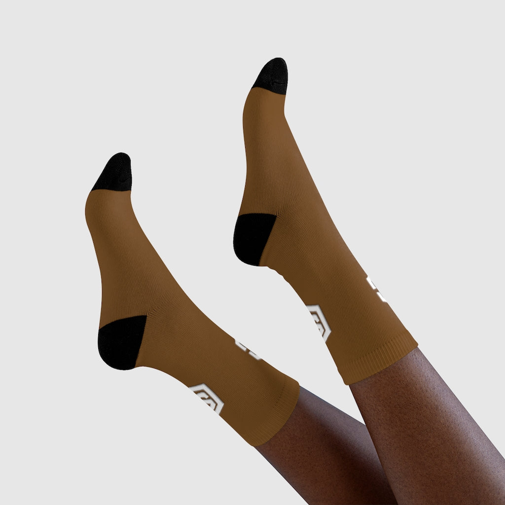 brown Sublimation Crew Socks (EU) white Logo