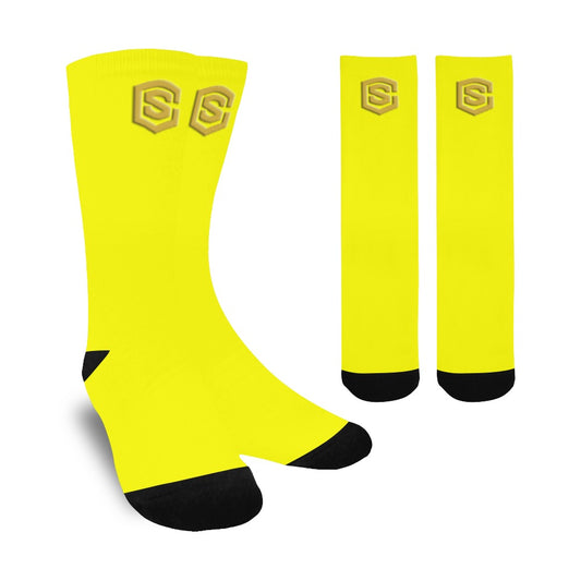 Yellow Sublimated Crew Socks (Made In USA) with Gold Logo Sublimated Crew Socks (Made In USA)
