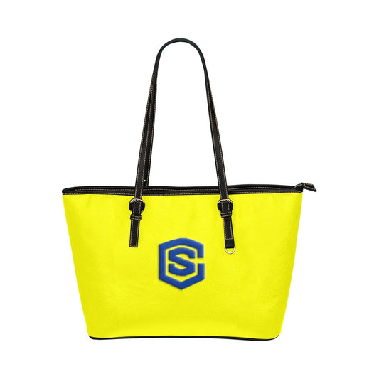 YELLOW Leather Tote Bag WITH BLUE LOGO Leather Tote Bag (Model 1651) (Big)