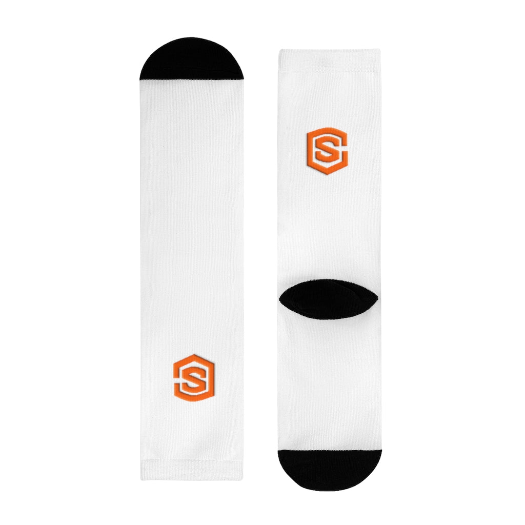 White Sublimation Crew Socks (EU) Orange Logo