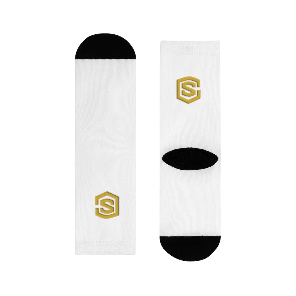 White Sublimation Crew Socks (EU) Gold Logo