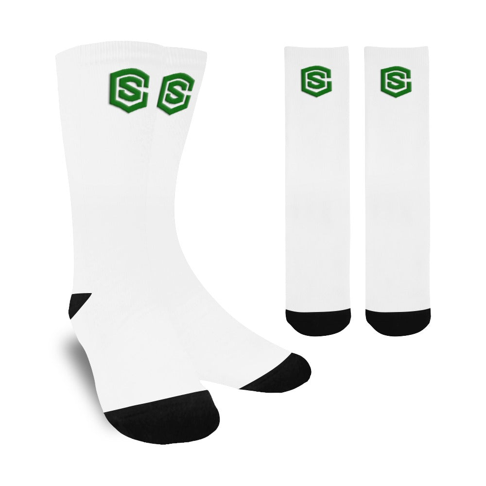 White Sublimated Crew Socks (Made In USA) with Green Logo Sublimated Crew Socks (Made In USA)