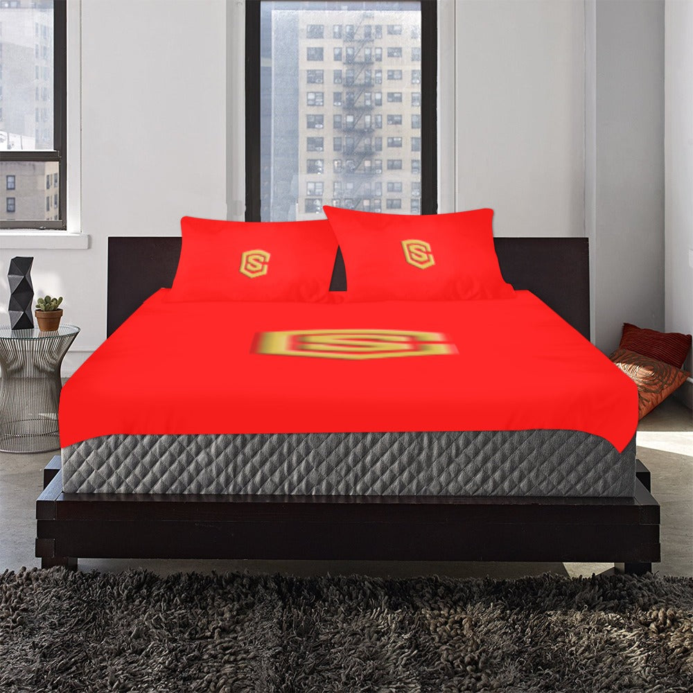 Red 3-Piece Bedding Set (1 Duvet Cover 86"x70"; 2 Pillowcases 20"x30")(One Side) wtih Gold Logo 3-Piece Bedding Set (1 Duvet Cover 86"x70"; 2 Pillowcases 20"x30")(One Side)