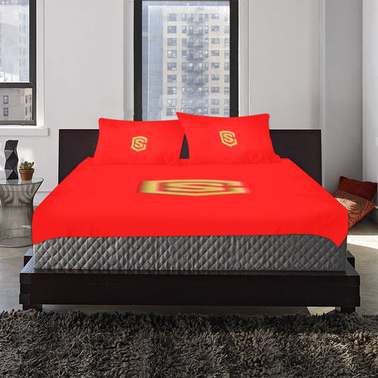 Red 3-Piece Bedding Set (1 Duvet Cover 86"x70"; 2 Pillowcases 20"x30")(One Side) wtih Gold Logo 3-Piece Bedding Set (1 Duvet Cover 86"x70"; 2 Pillowcases 20"x30")(One Side)
