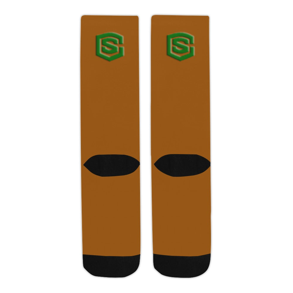 Brown Sublimated Crew Socks (Made In USA) with Green Logo Sublimated Crew Socks (Made In USA)