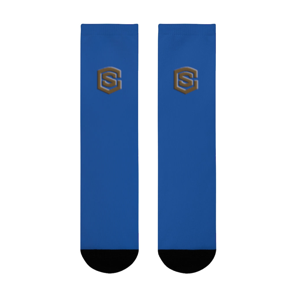 Blue Sublimation Crew Socks (EU) Brown Logo