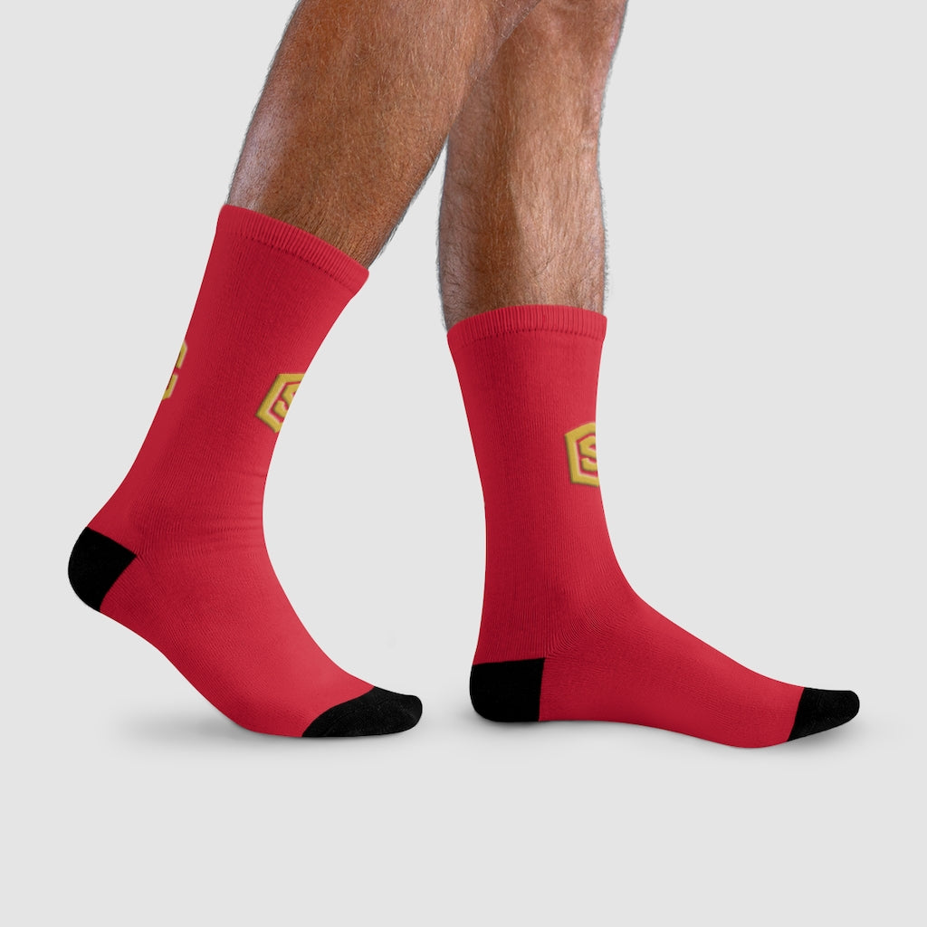 Red Sublimation Crew Socks (EU) Gold Logo