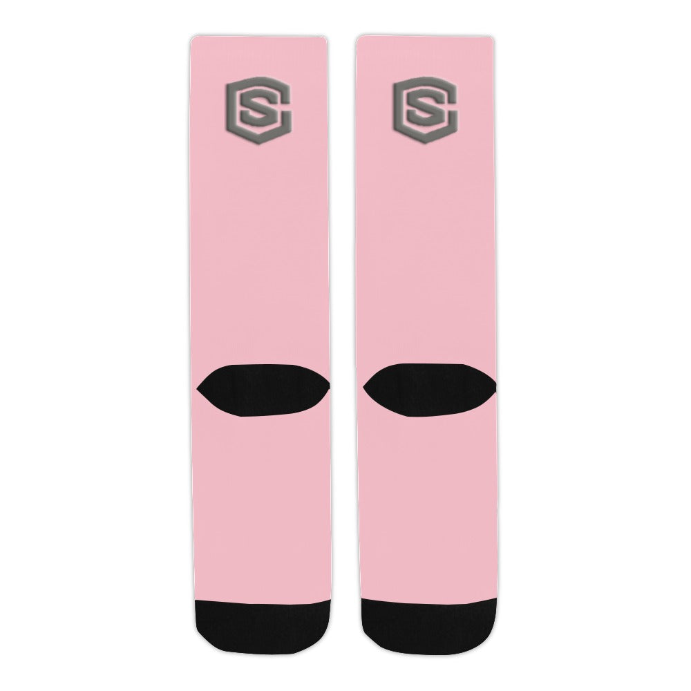 Pink Sublimated Crew Socks (Made In USA) with Gray Logo Sublimated Crew Socks (Made In USA)