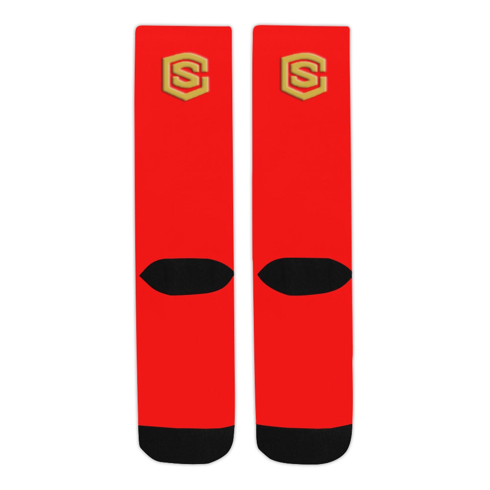 Red Sublimated Crew Socks (Made In USA) with Gold Logo Sublimated Crew Socks (Made In USA)
