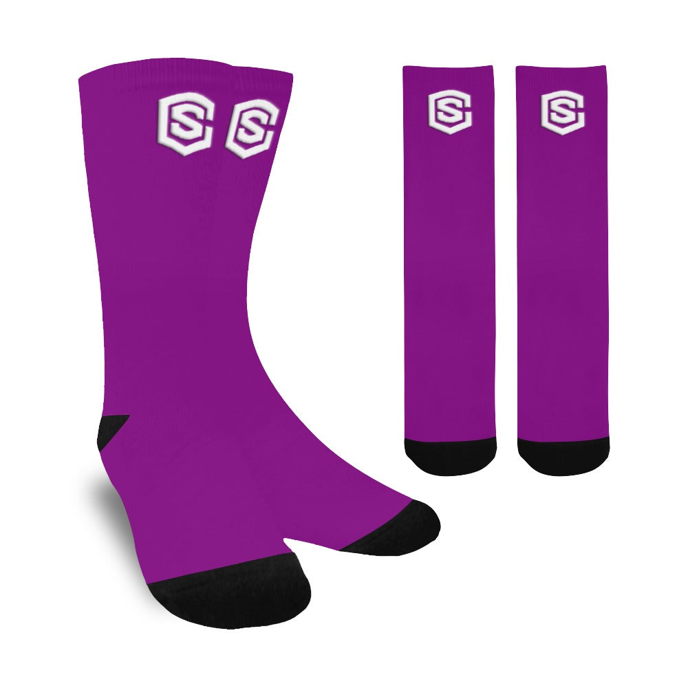 Purple Sublimated Crew Socks (Made In USA) with White Logo Sublimated Crew Socks (Made In USA)