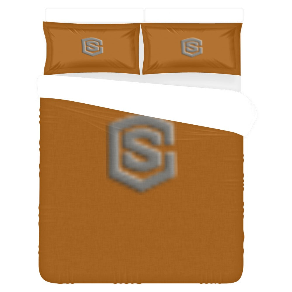 Brown 3-Piece Bedding Set (1 Duvet Cover 86"x70"; 2 Pillowcases 20"x30")(One Side) wtih Gray Logo 3-Piece Bedding Set (1 Duvet Cover 86"x70"; 2 Pillowcases 20"x30")(One Side)