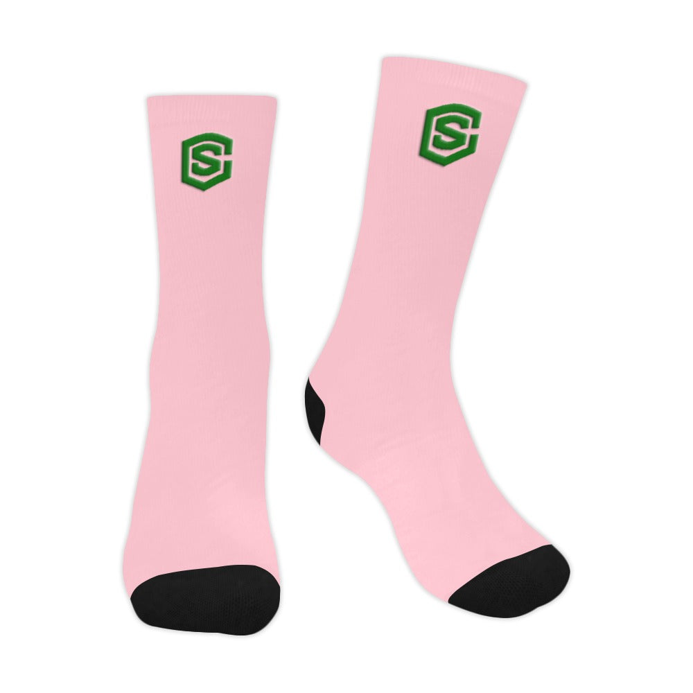 Pink Sublimated Crew Socks (Made In USA) with Green Logo Sublimated Crew Socks (Made In USA)