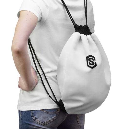 White Drawstring Bag Black logo