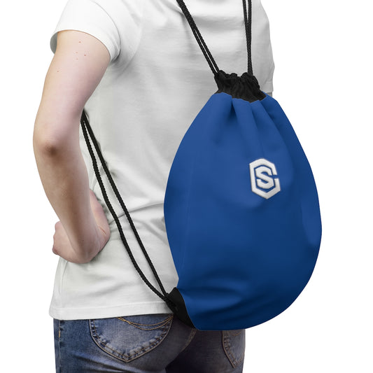 Blue Drawstring Bag White logo