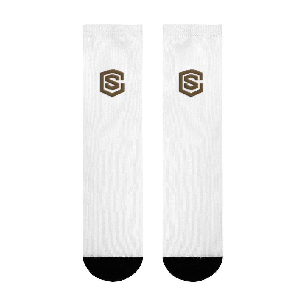White Sublimation Crew Socks (EU) Brown Logo
