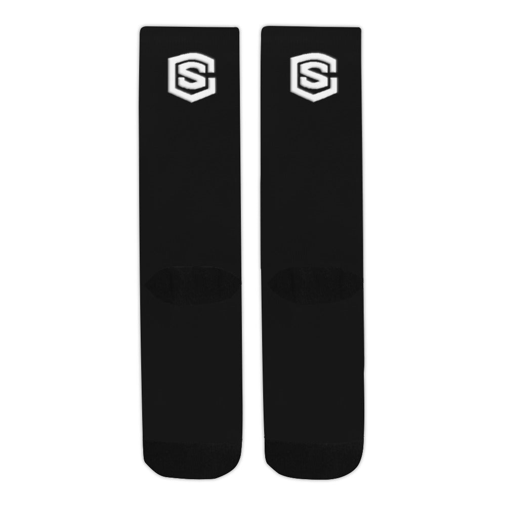 Black Sublimated Crew Socks (Made In USA) with White Logo Sublimated Crew Socks (Made In USA)