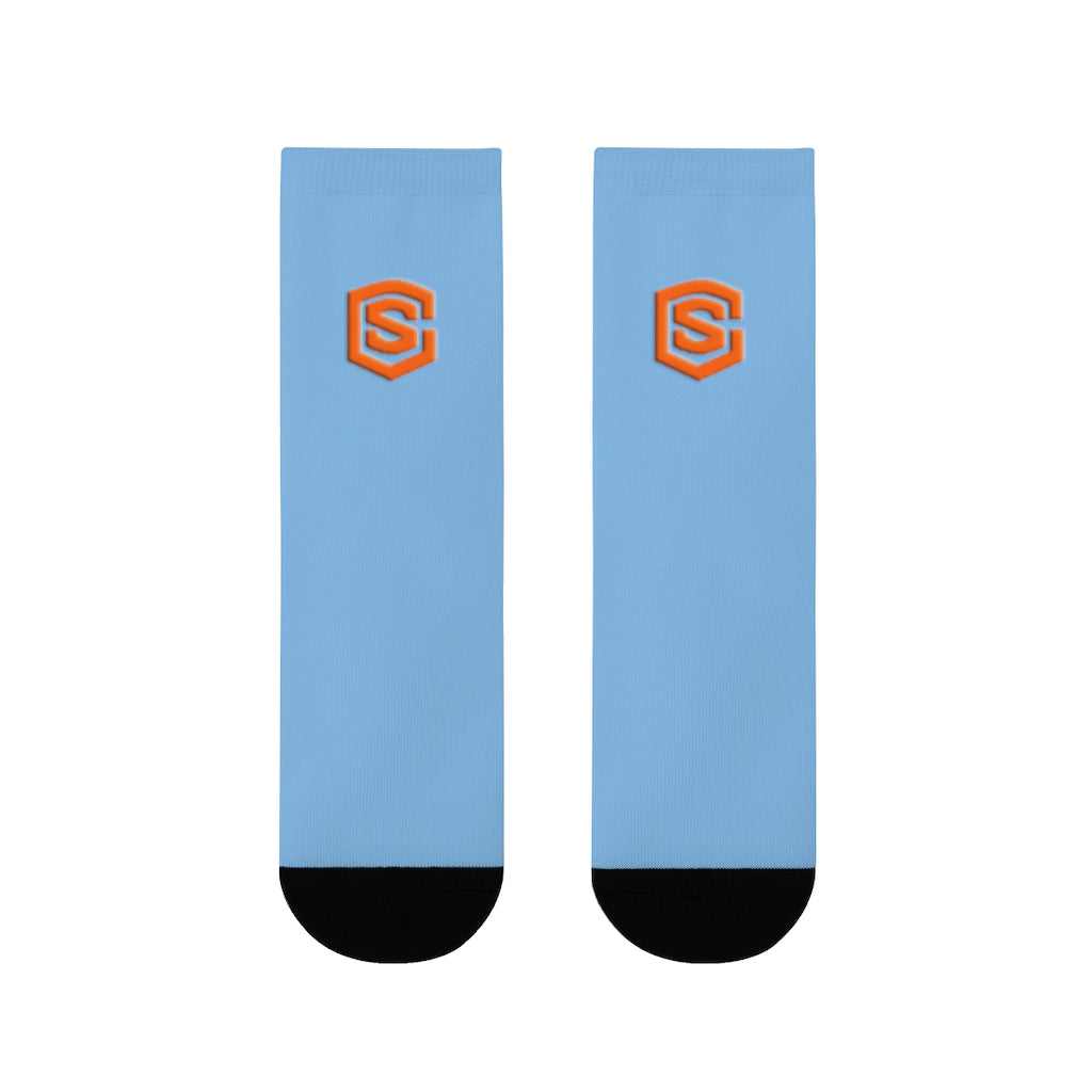 Blue Sublimation Crew Socks (EU) Orange Logo
