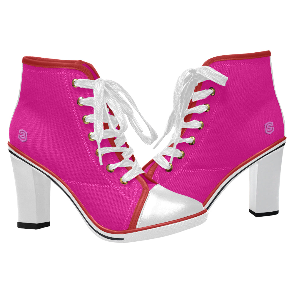 pink logo Women's Lace Up Chunky Heel Ankle Booties (Model 054)