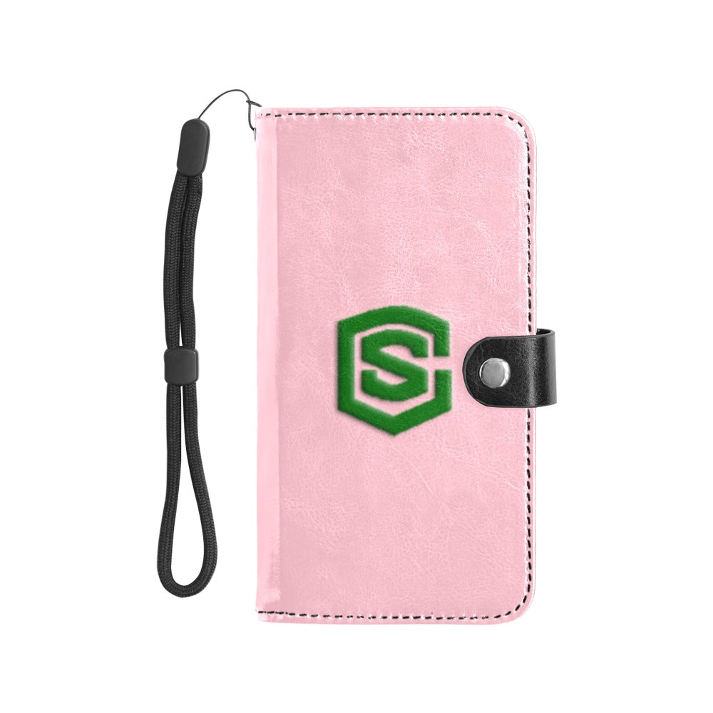 Pink Flip Leather Purse for Mobile Phone(Model1703)(Large) with Green Logo Flip Leather Purse for Mobile Phone(Model1703)(Large)