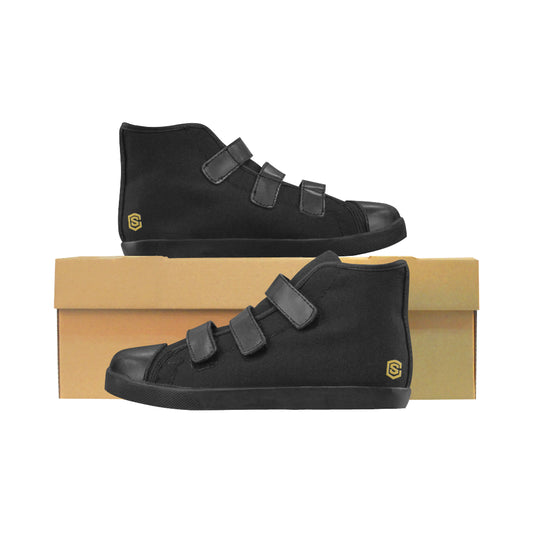 BLACK CANVAS KID SHOES gold logo Velcro High Top Canvas Kid's Shoes (Model 015)