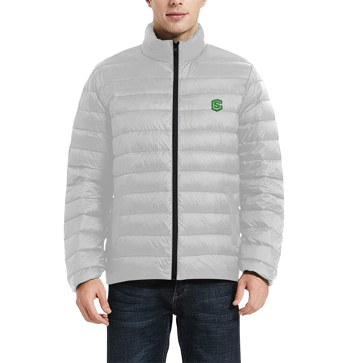 Green Logo Men's Stand Collar Padded Jacket (Model H41)