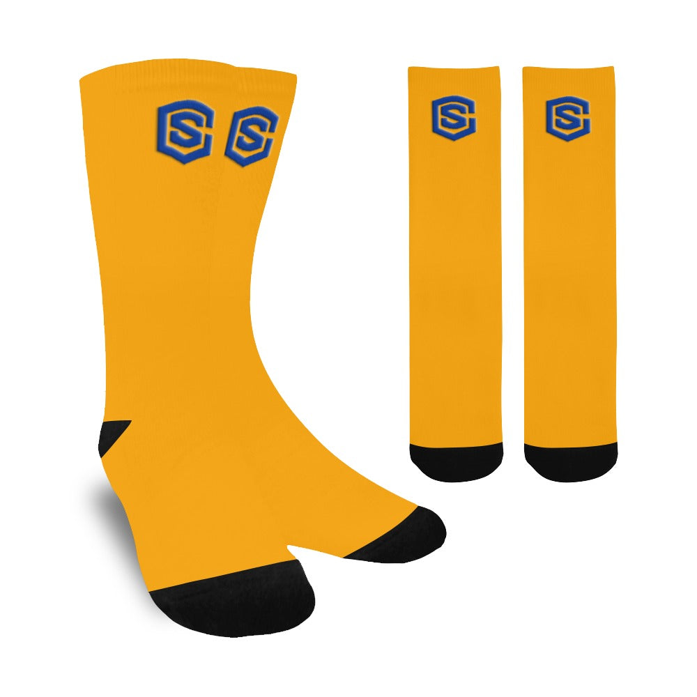 Orange Sublimated Crew Socks (Made In USA) with Blue Logo Sublimated Crew Socks (Made In USA)