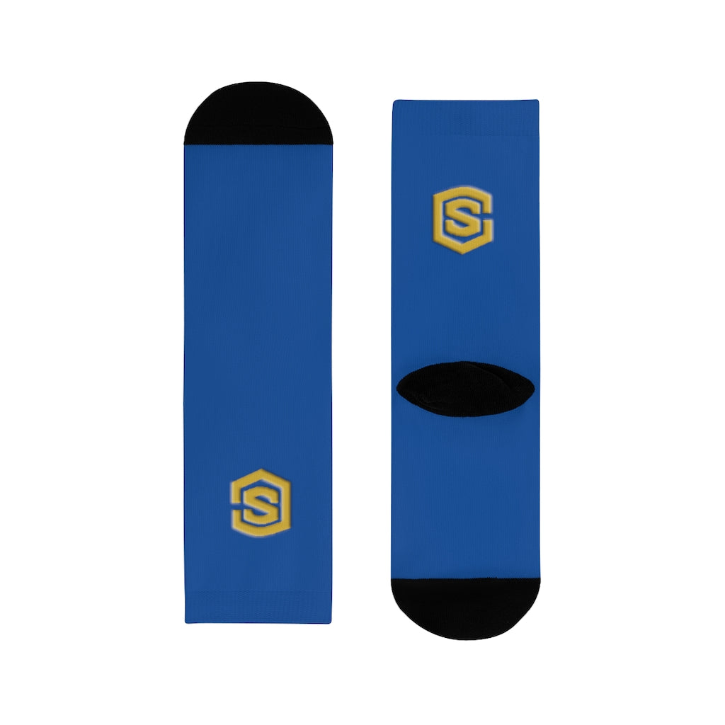 Blue Sublimation Crew Socks (EU) Gold Logo
