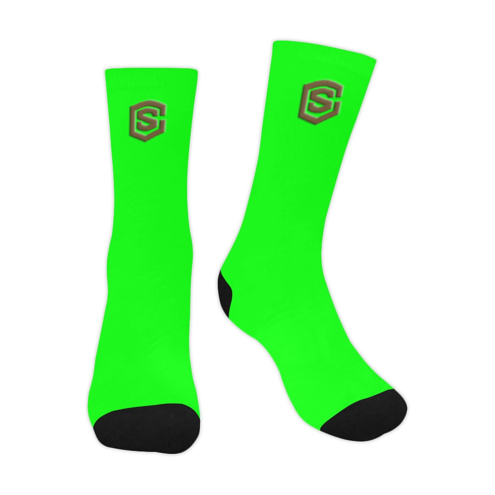 Green Sublimated Crew Socks (Made In USA) with Brown Logo Sublimated Crew Socks (Made In USA)