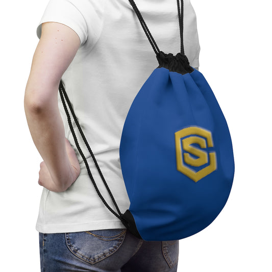 Blue Drawstring Bag Gold logo