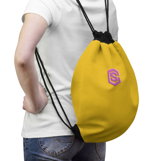 Yellow Drawstring Bag Pink logo