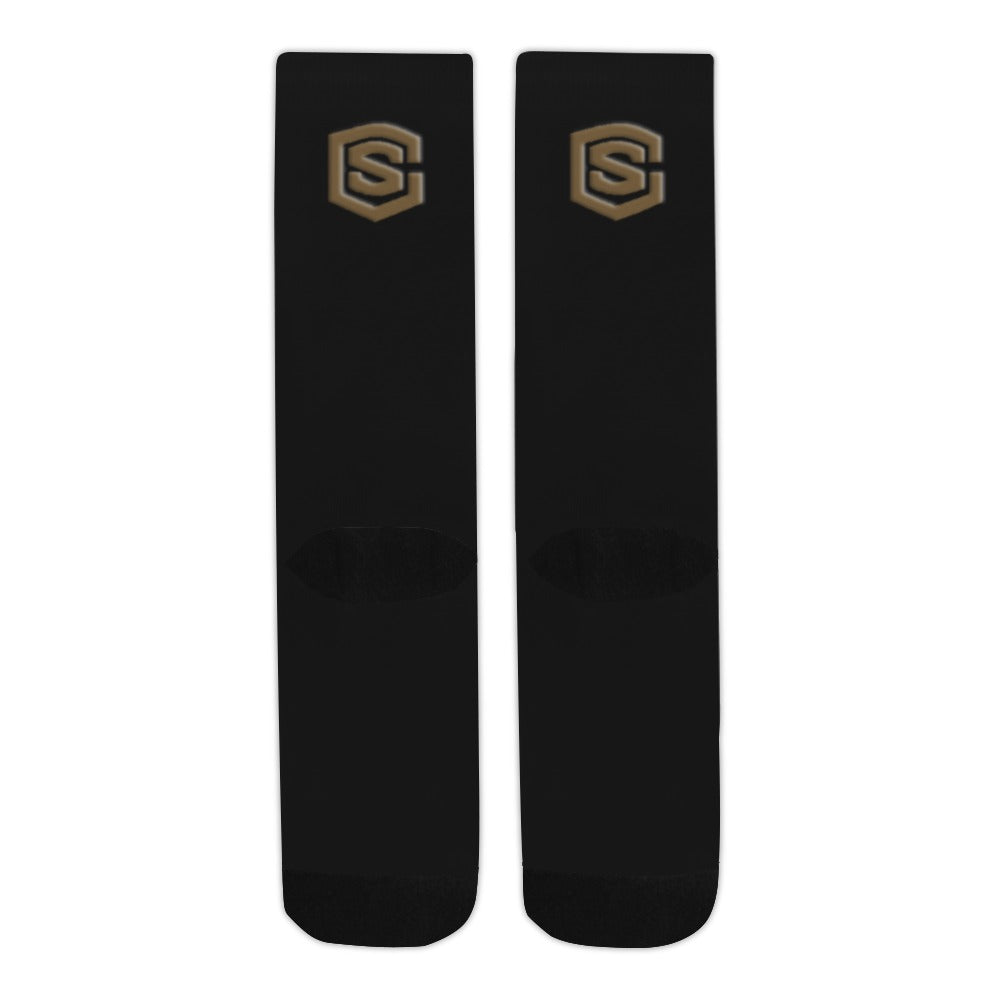 Black Sublimated Crew Socks (Made In USA) with Brown Logo Sublimated Crew Socks (Made In USA)