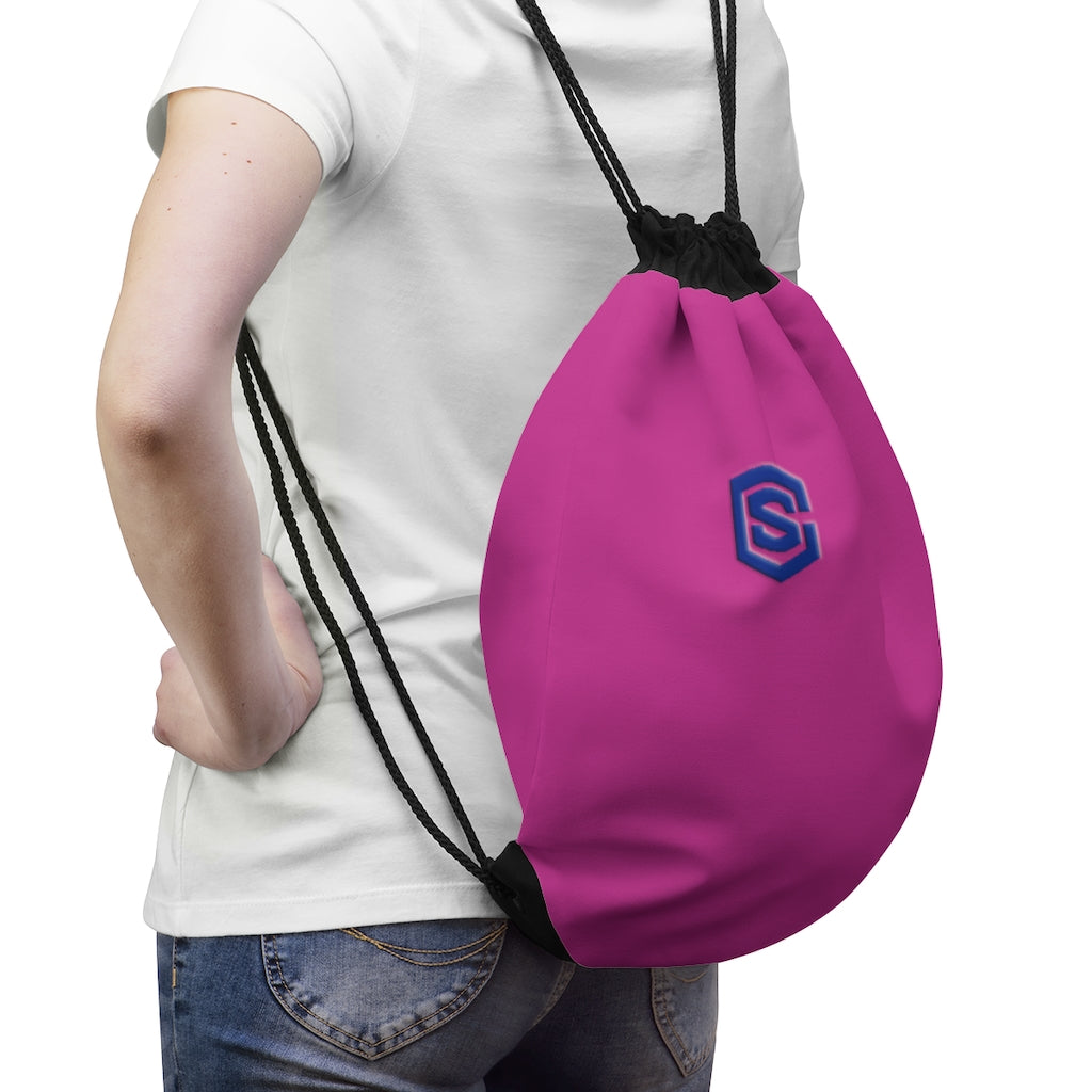 Pink Drawstring Bag Blue logo