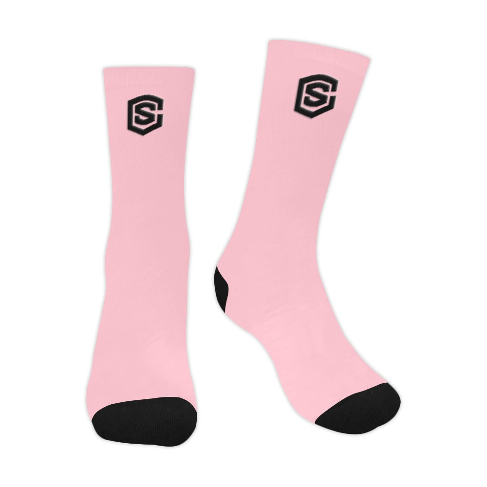 Pink Sublimated Crew Socks (Made In USA) with Black Logo Sublimated Crew Socks (Made In USA)