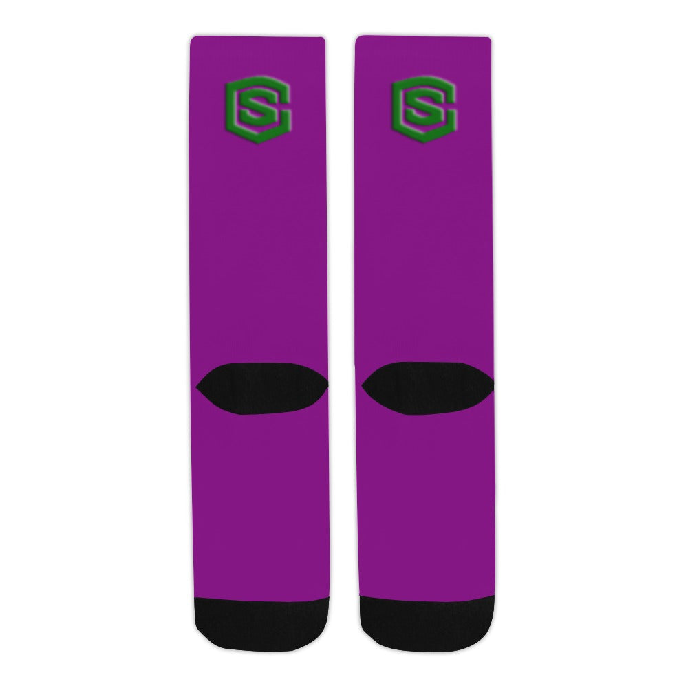 Purple Sublimated Crew Socks (Made In USA) with Green Logo Sublimated Crew Socks (Made In USA)